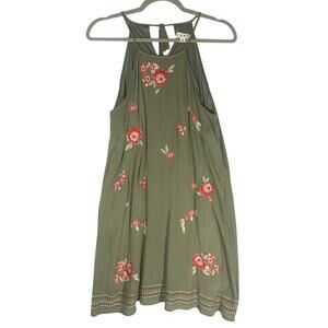 THML Melina Floral Embroidered‎ Olive Dress Sz M Sleeveless Roses Boho Cottage